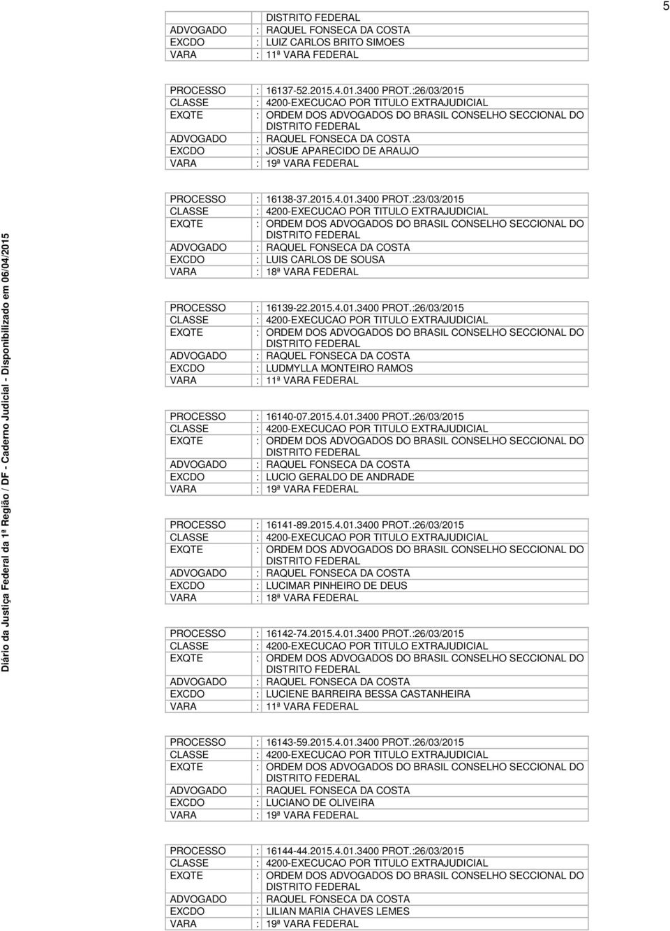 :23/03/2015 : 4200-EXECUCAO POR TITULO EXTRAJUDICIAL : ORDEM DOS S DO BRASIL CONSELHO SECCIONAL DO DISTRITO FEDERAL : RAQUEL FONSECA DA COSTA : LUIS CARLOS DE SOUSA : 18ª FEDERAL : 16139-22.2015.4.01.3400 PROT.