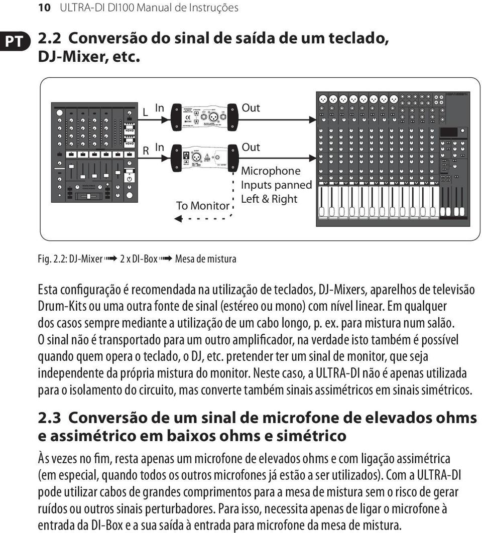 2: DJ-Mixer 2 x DI-Box Mesa de mistura Esta configuração é recomendada na utilização de teclados, DJ-Mixers, aparelhos de televisão Drum-Kits ou uma outra fonte de sinal (estéreo ou mono) com nível