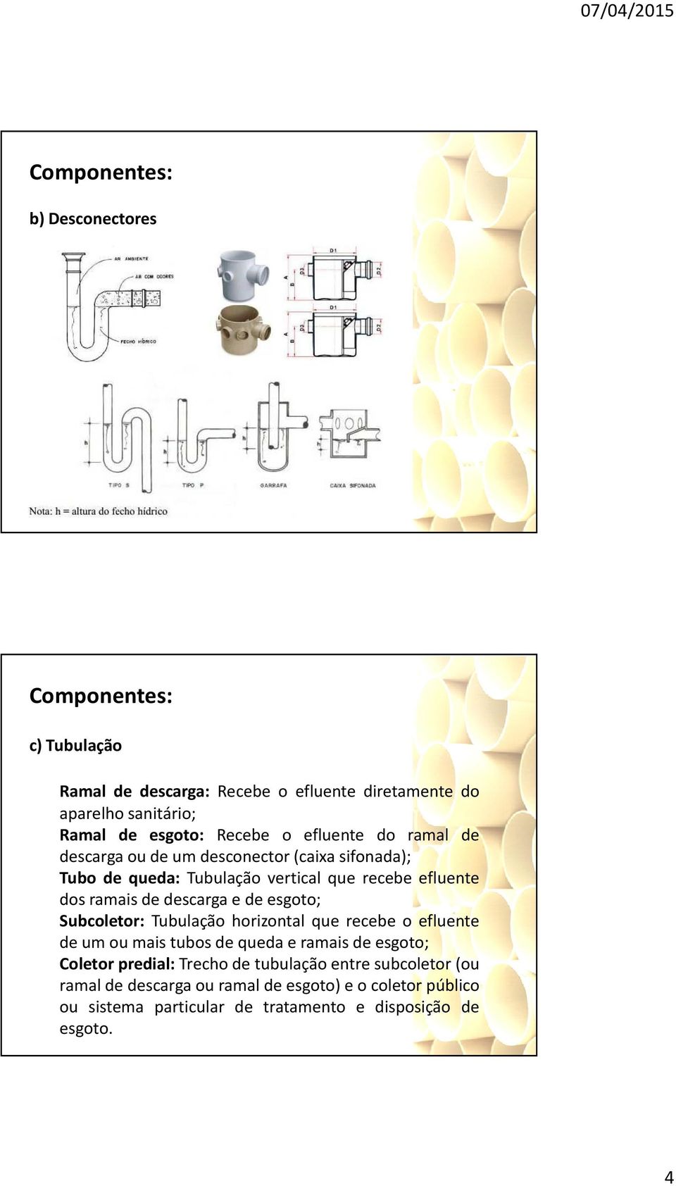 dosramaisdedescargaedeesgoto; Subcoletor: Tubulação horizontal que recebe o efluente deumoumaistubosdequedaeramaisdeesgoto; Coletor predial: