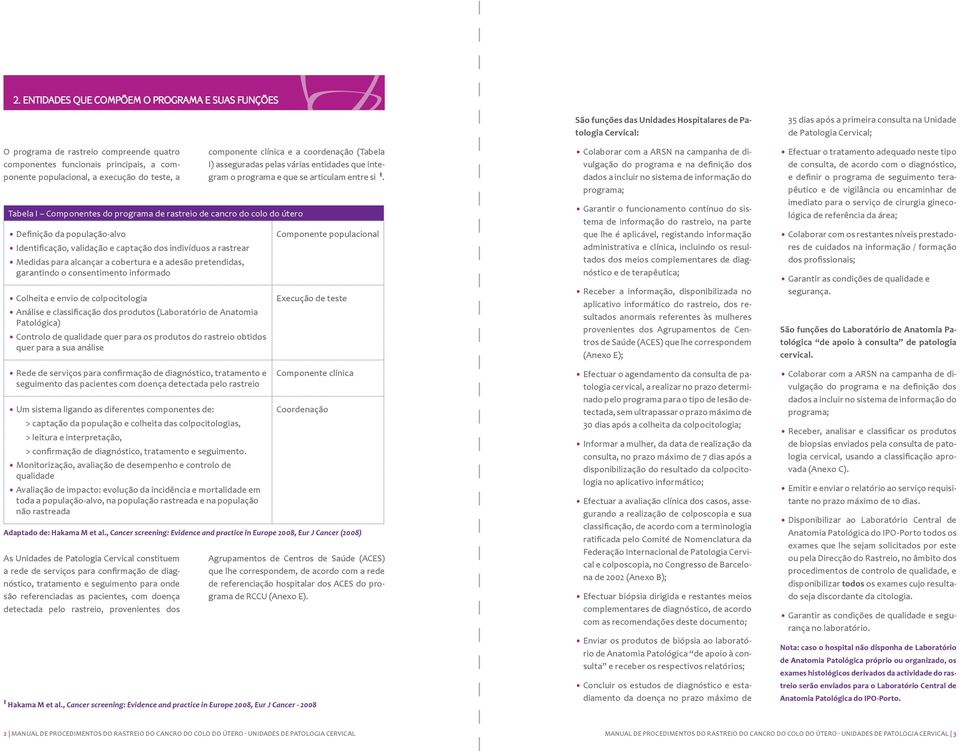 garantindo o consentimento informado Colheita e envio de colpocitologia Análise e classificação dos produtos (Laboratório de Anatomia Patológica) Controlo de qualidade quer para os produtos do