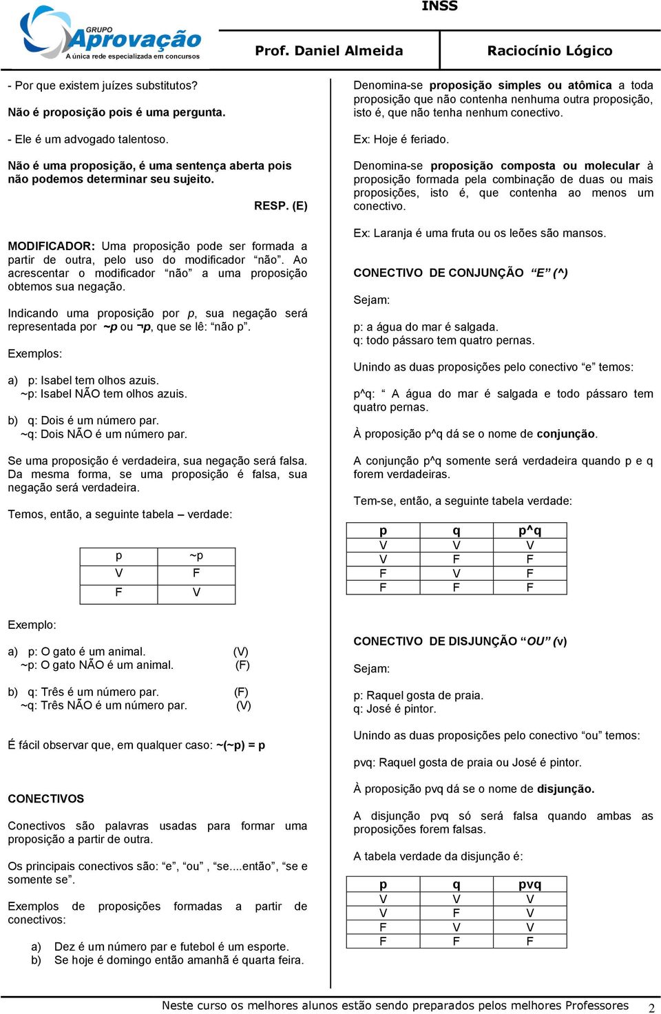 Indicando uma proposição por p, sua negação será representada por ~p ou p, que se lê: não p. Exemplos: a) p: Isabel tem olhos azuis. ~p: Isabel NÃO tem olhos azuis. b) q: Dois é um número par.