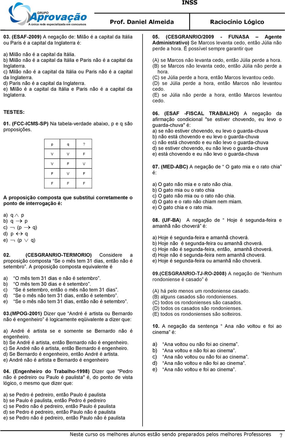 e) Milão é a capital da Itália e Paris não é a capital da Inglaterra. TESTES: 01. (FCC-ICMS-SP) Na tabela-verdade abaixo, p e q são proposições. 05.