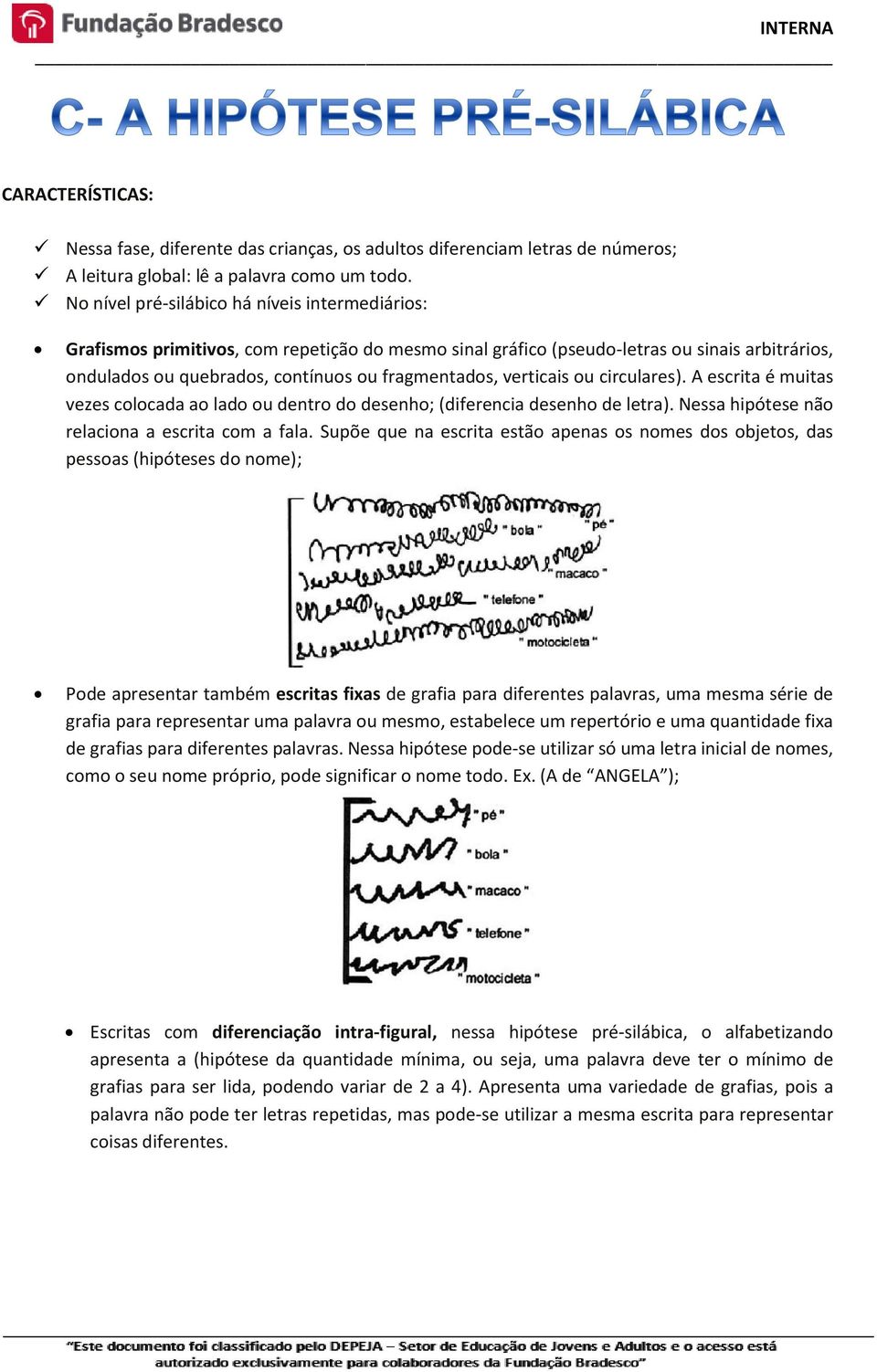 verticais ou circulares). A escrita é muitas vezes colocada ao lado ou dentro do desenho; (diferencia desenho de letra). Nessa hipótese não relaciona a escrita com a fala.