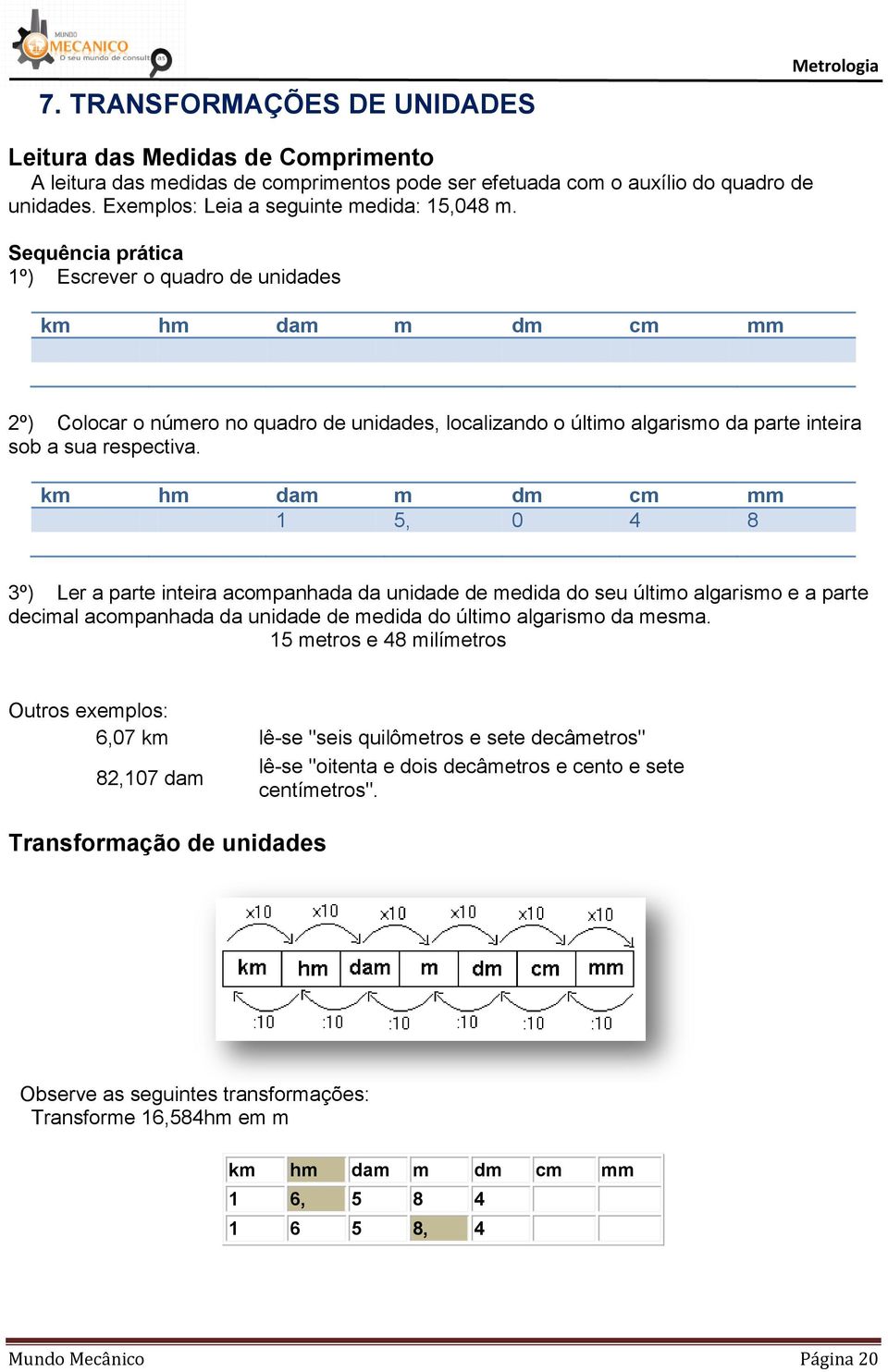 Sequência prática 1º) Escrever o quadro de unidades km hm dam m dm cm mm 2º) Colocar o número no quadro de unidades, localizando o último algarismo da parte inteira sob a sua respectiva.