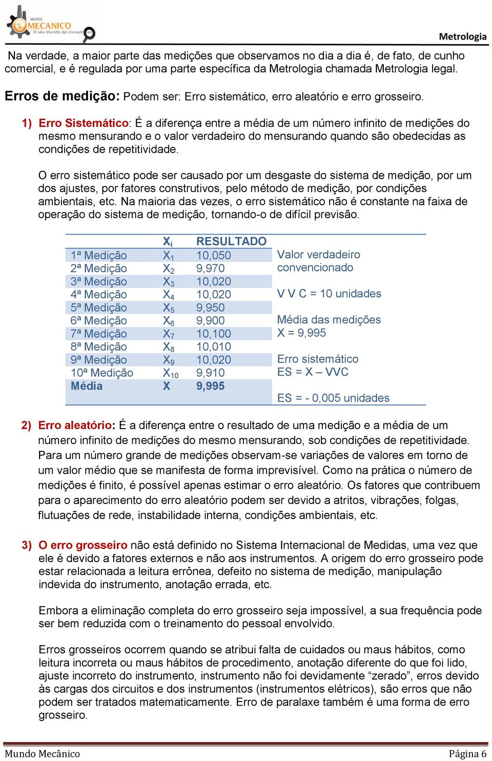 1) Erro Sistemático: É a diferença entre a média de um número infinito de medições do mesmo mensurando e o valor verdadeiro do mensurando quando são obedecidas as condições de repetitividade.