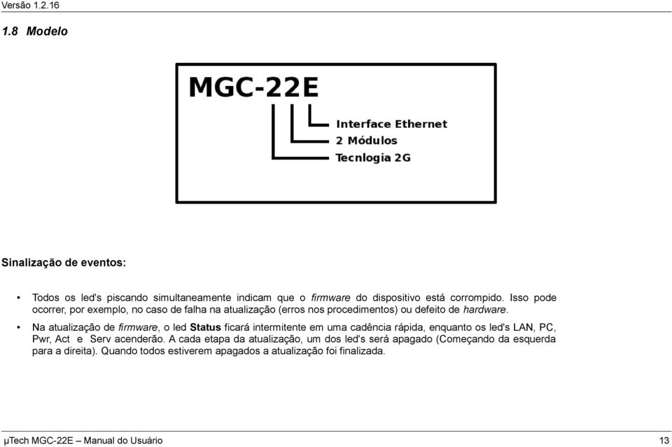 Na atualização de firmware, o led Status ficará intermitente em uma cadência rápida, enquanto os led's LAN, PC, Pwr, Act e Serv