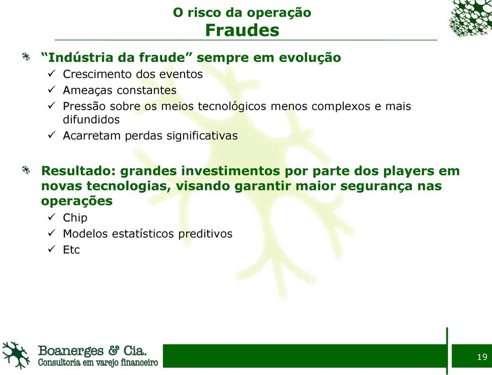 Acarretam perdas significativas Resultado: grandes investimentos por parte dos players em