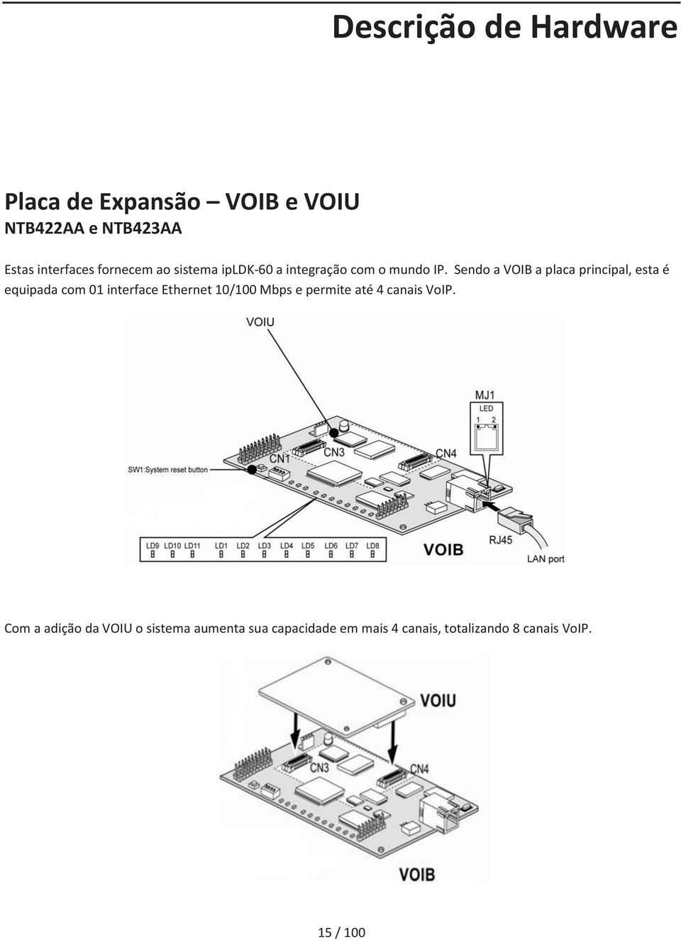 Sendo a VOIB a placa principal, esta é equipada com 01 interface Ethernet 10/100 Mbps e