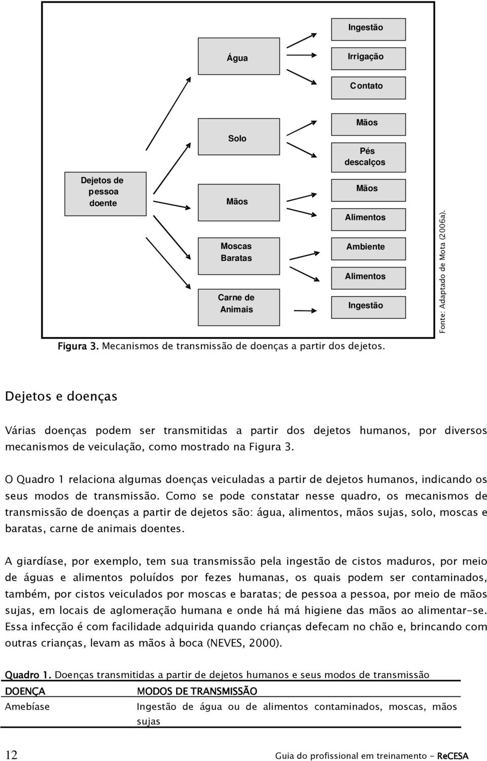 Dejetos e doenças Várias doenças podem ser transmitidas a partir dos dejetos humanos, por diversos mecanismos de veiculação, como mostrado na Figura 3.