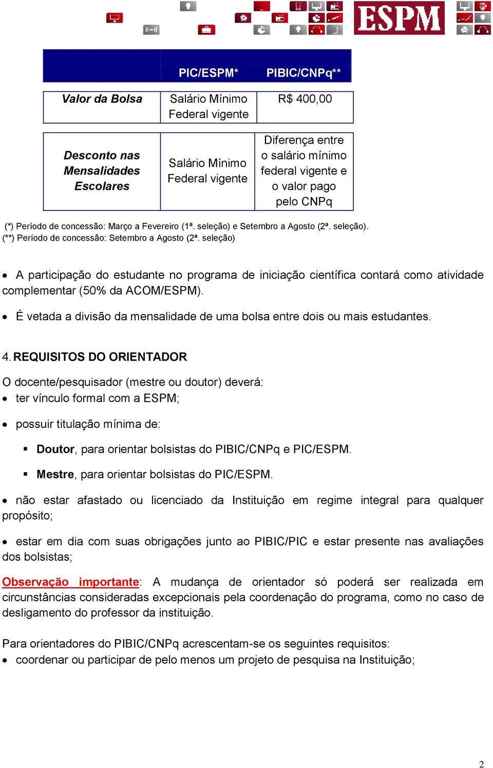 seleção) A participação do estudante no programa de iniciação científica contará como atividade complementar (50% da ACOM/ESPM).