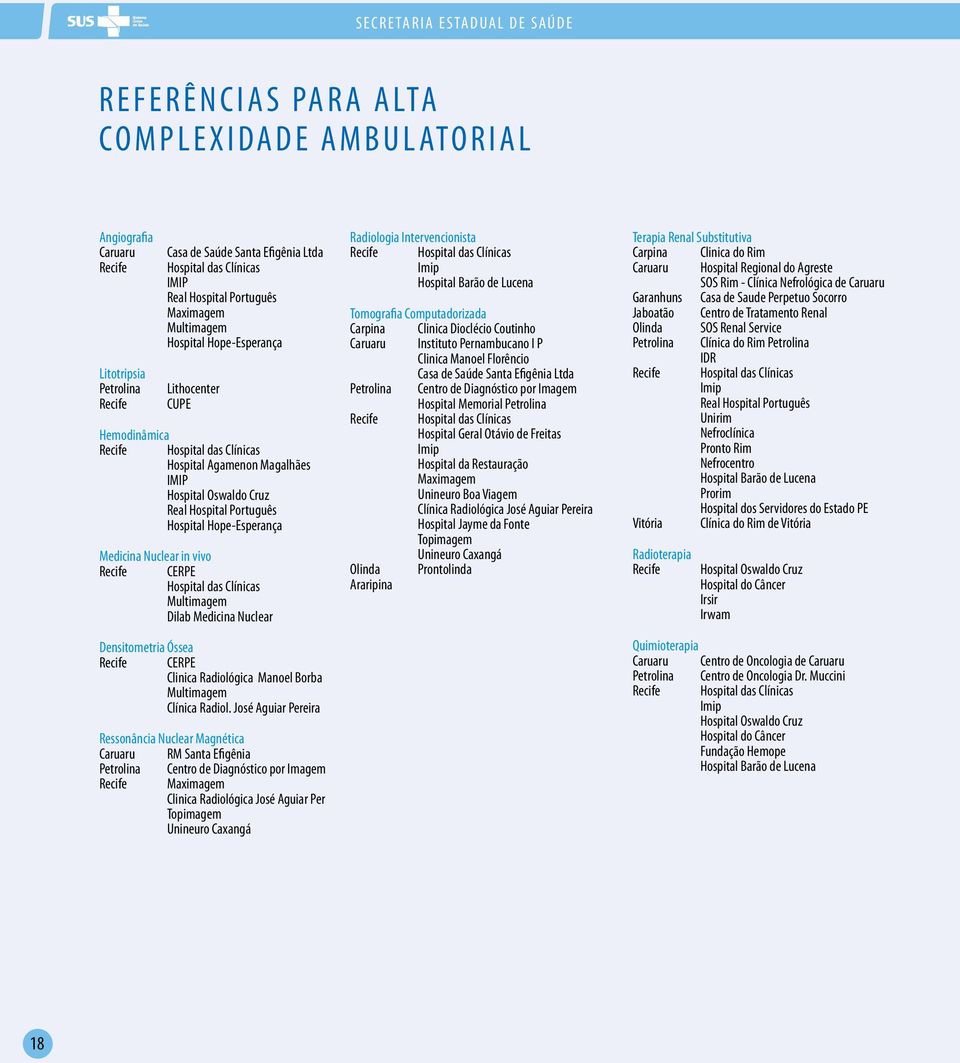 Cruz Real Hospital Português Hospital Hope-Esperança Medicina Nuclear in vivo CERPE Hospital das Clínicas Multimagem Dilab Medicina Nuclear Densitometria Óssea CERPE Clinica Radiológica Manoel Borba