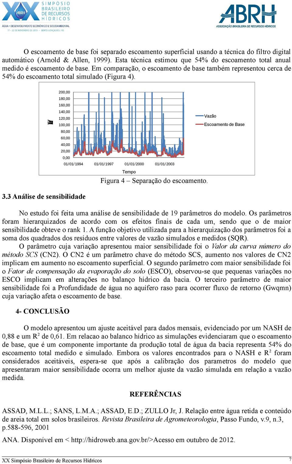 200,00 180,00 160,00 Vazão 140,00 120,00 100,00 80,00 60,00 40,00 20,00 0,00 01/01/ 1994 01/01/1997 01/01/2000 01/01/2003 Vazão Escoamento de Base Tempo Figura 4 Separação do escoamento. 3.