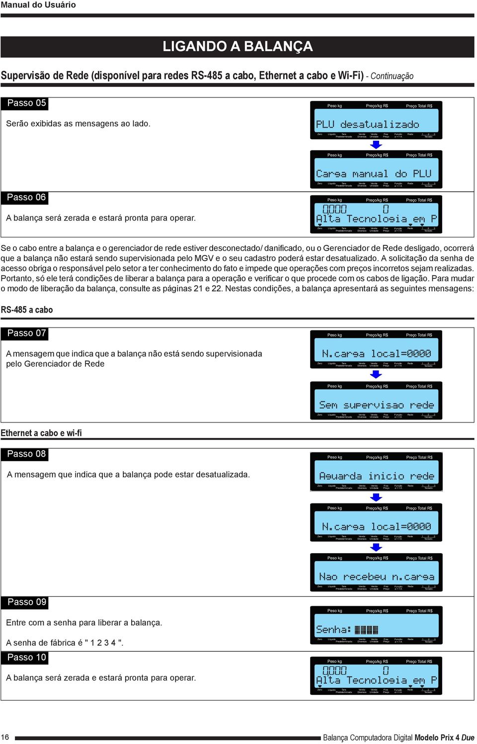 Carga manual do PLU Se o cabo entre a balança e o gerenciador de rede estiver desconectado/ danificado, ou o Gerenciador de Rede desligado, ocorrerá que a balança não estará sendo supervisionada pelo