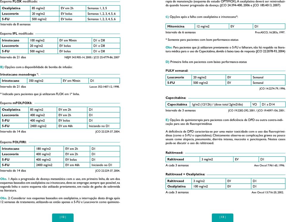 / JCO 25:4779-86, 2007 B) Opções com a disponibilidade de bomba de infusão: Irinotecano monodroga *: Irinotecano 350 mg/m2 EV em 90min D1 Intervalo de 21 dias Lancet 352:1407-12, 1998.