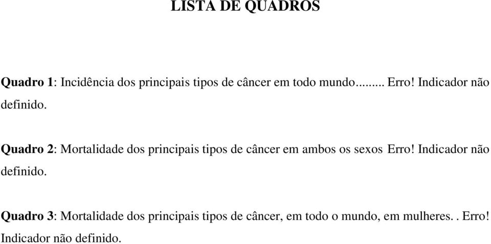 Quadro 2: Mortalidade dos principais tipos de câncer em ambos os sexos Erro!