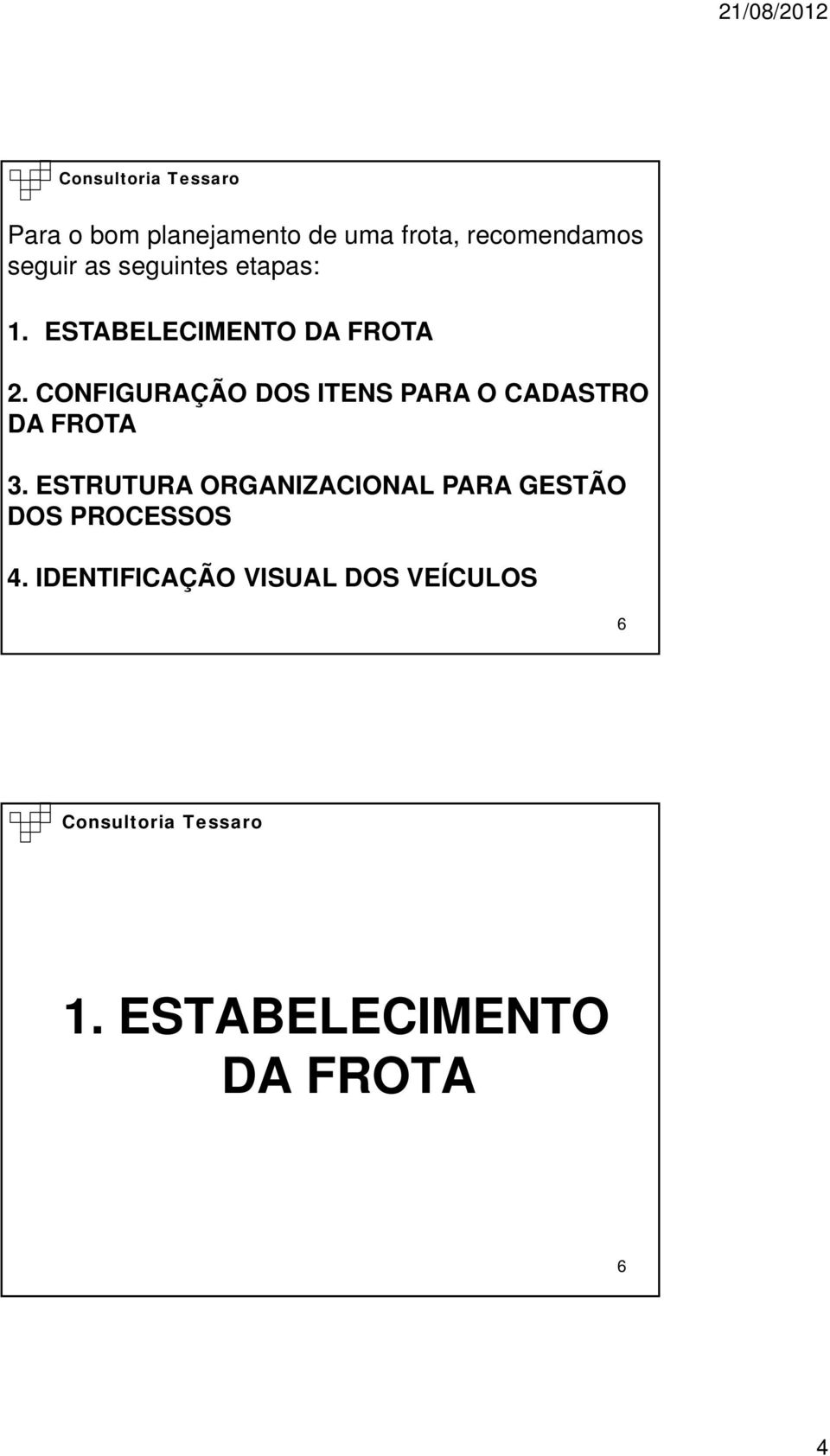 CONFIGURAÇÃO DOS ITENS PARA O CADASTRO DA FROTA 3.