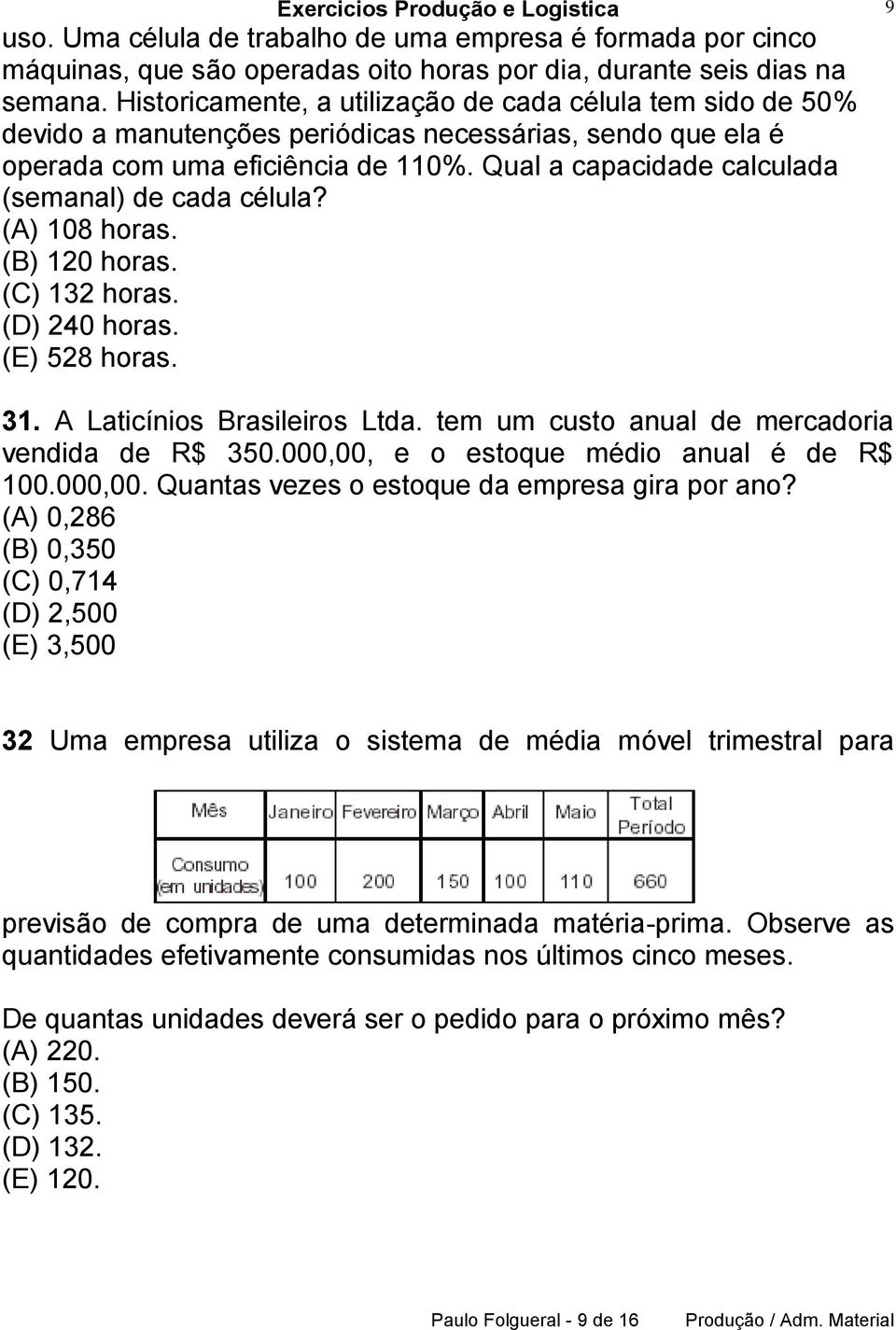 Qual a capacidade calculada (semanal) de cada célula? (A) 108 horas. (B) 120 horas. (C) 132 horas. (D) 240 horas. (E) 528 horas. 9 31. A Laticínios Brasileiros Ltda.