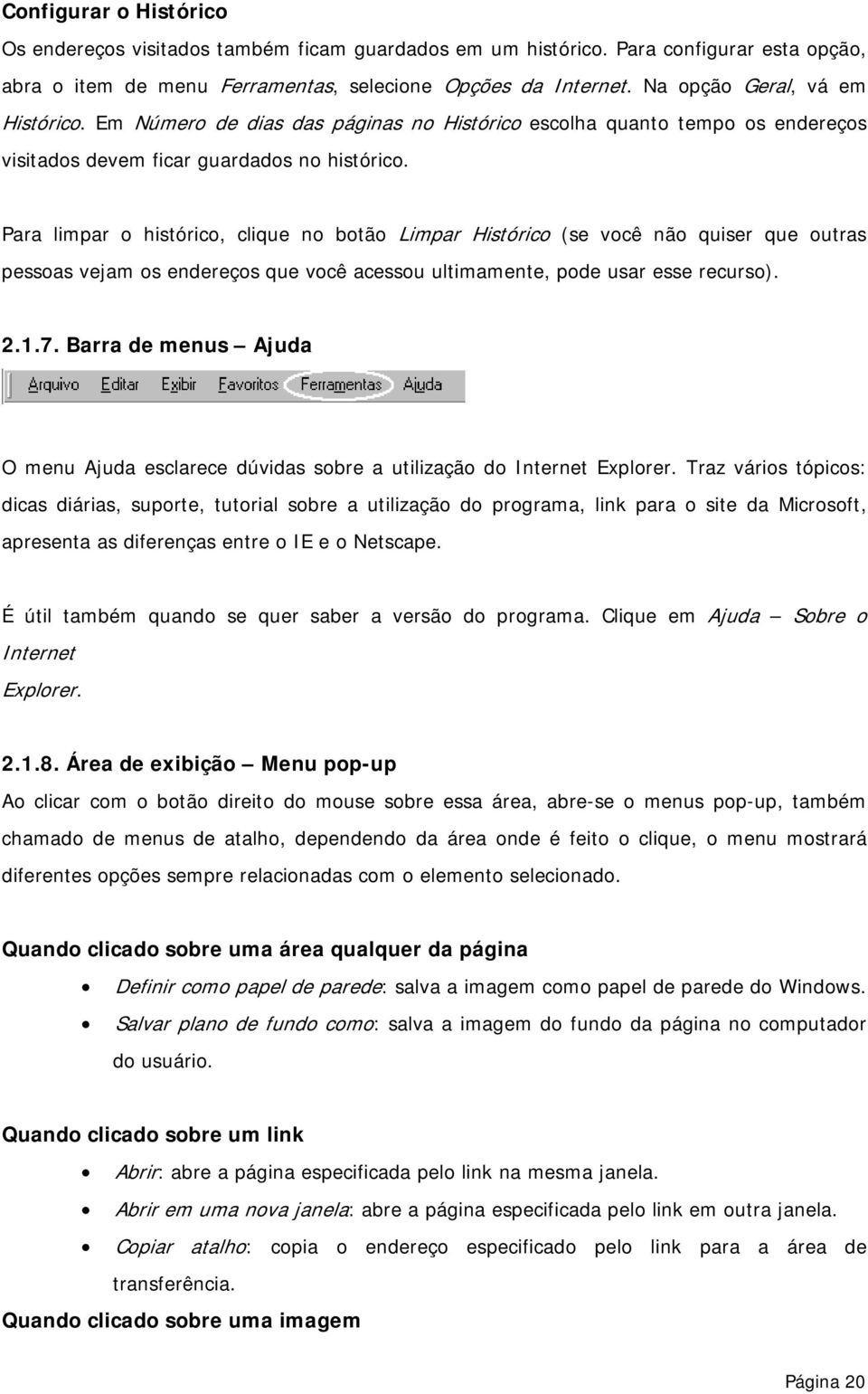 Para limpar o histórico, clique no botão Limpar Histórico (se você não quiser que outras pessoas vejam os endereços que você acessou ultimamente, pode usar esse recurso). 2.1.7.