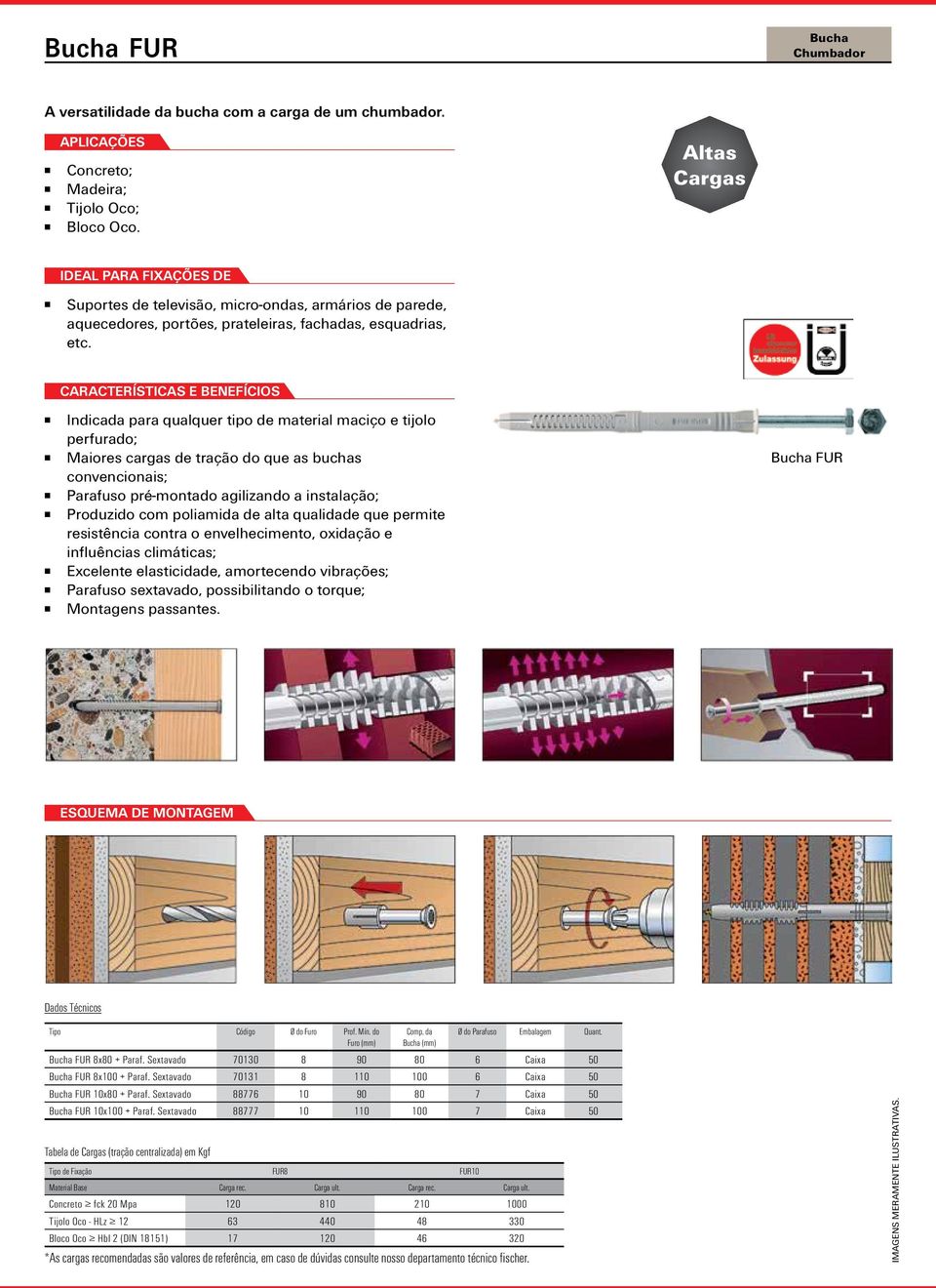 Indicada para qualquer tipo de material maciço e tijolo perfurado; Maiores cargas de tração do que as buchas convencionais; Parafuso pré-montado agilizando a instalação; Produzido com poliamida de
