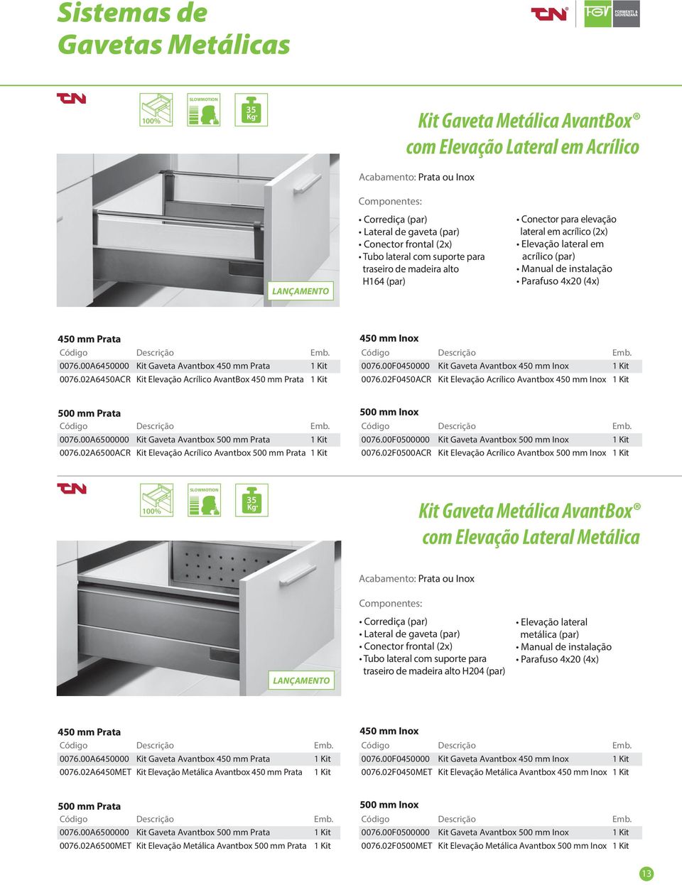 (4x) 450 mm Prata Código Descrição Emb. 0076.00A6450000 Kit Gaveta Avantbox 450 mm Prata 1 Kit 0076.02A6450ACR Kit Elevação Acrílico AvantBox 450 mm Prata 1 Kit 450 mm Inox Código Descrição Emb. 0076.00F0450000 Kit Gaveta Avantbox 450 mm Inox 1 Kit 0076.