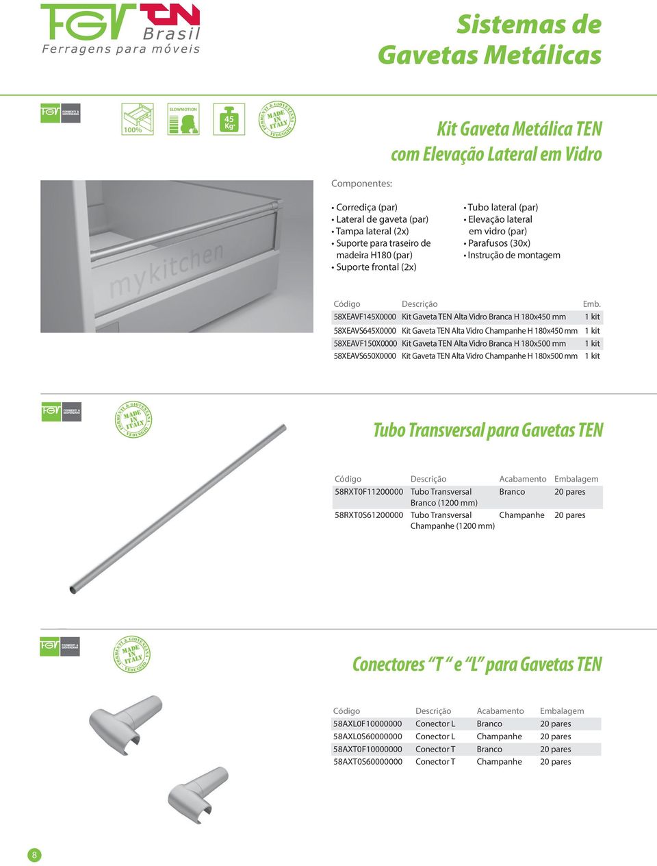 58XEAVF145X0000 Kit Gaveta TEN Alta Vidro Branca H 180x450 mm 1 kit 58XEAVS645X0000 Kit Gaveta TEN Alta Vidro Champanhe H 180x450 mm 1 kit 58XEAVF150X0000 Kit Gaveta TEN Alta Vidro Branca H 180x500