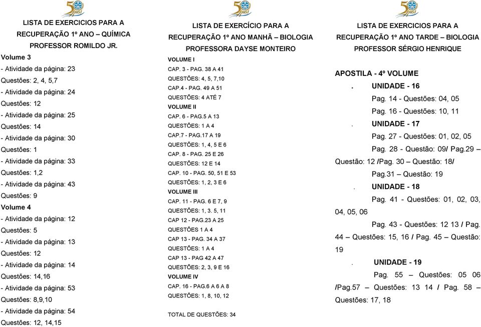 1,2 - Atividade da página: 43 Questões: 9 - Atividade da página: 12 Questões: 5 - Atividade da página: 13 Questões: 12 - Atividade da página: 14 Questões: 14,16 - Atividade da página: 53 Questões: