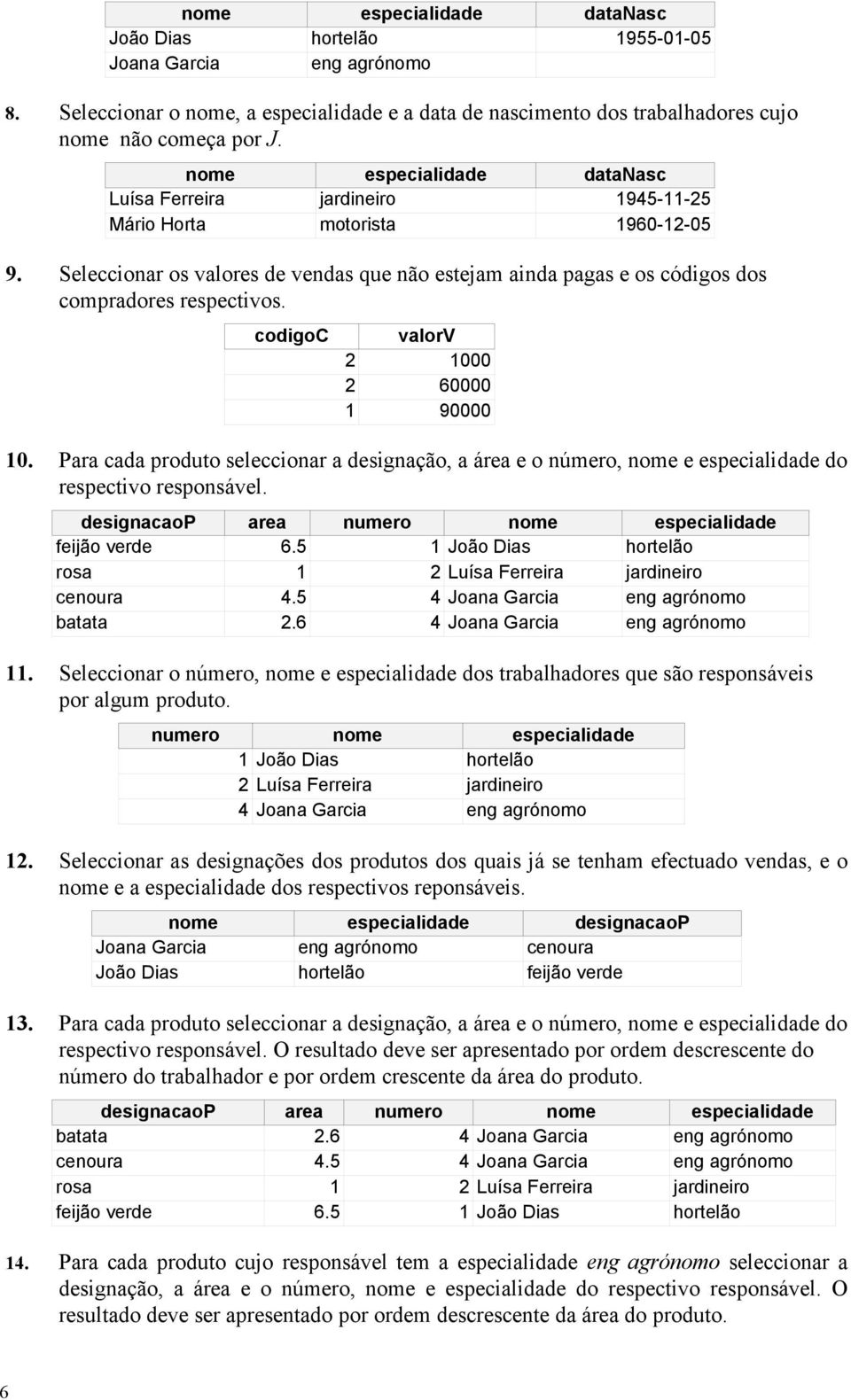 Seleccionar os valores de vendas que não estejam ainda pagas e os códigos dos compradores respectivos. codigoc valorv 2 1000 2 60000 1 90000 10.