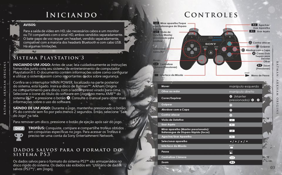 Confira se o interruptor MAIN POWER, localizado na parte posterior do sistema, está ligado. Insira o disco de Batman : Arkham Origins no compartimento para disco, com o lado impresso virado para cima.