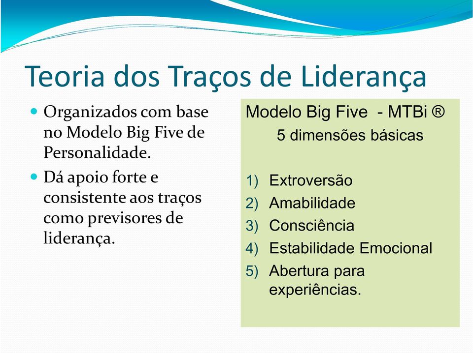 Dá apoio forte e consistente aos traços como previsores de liderança.