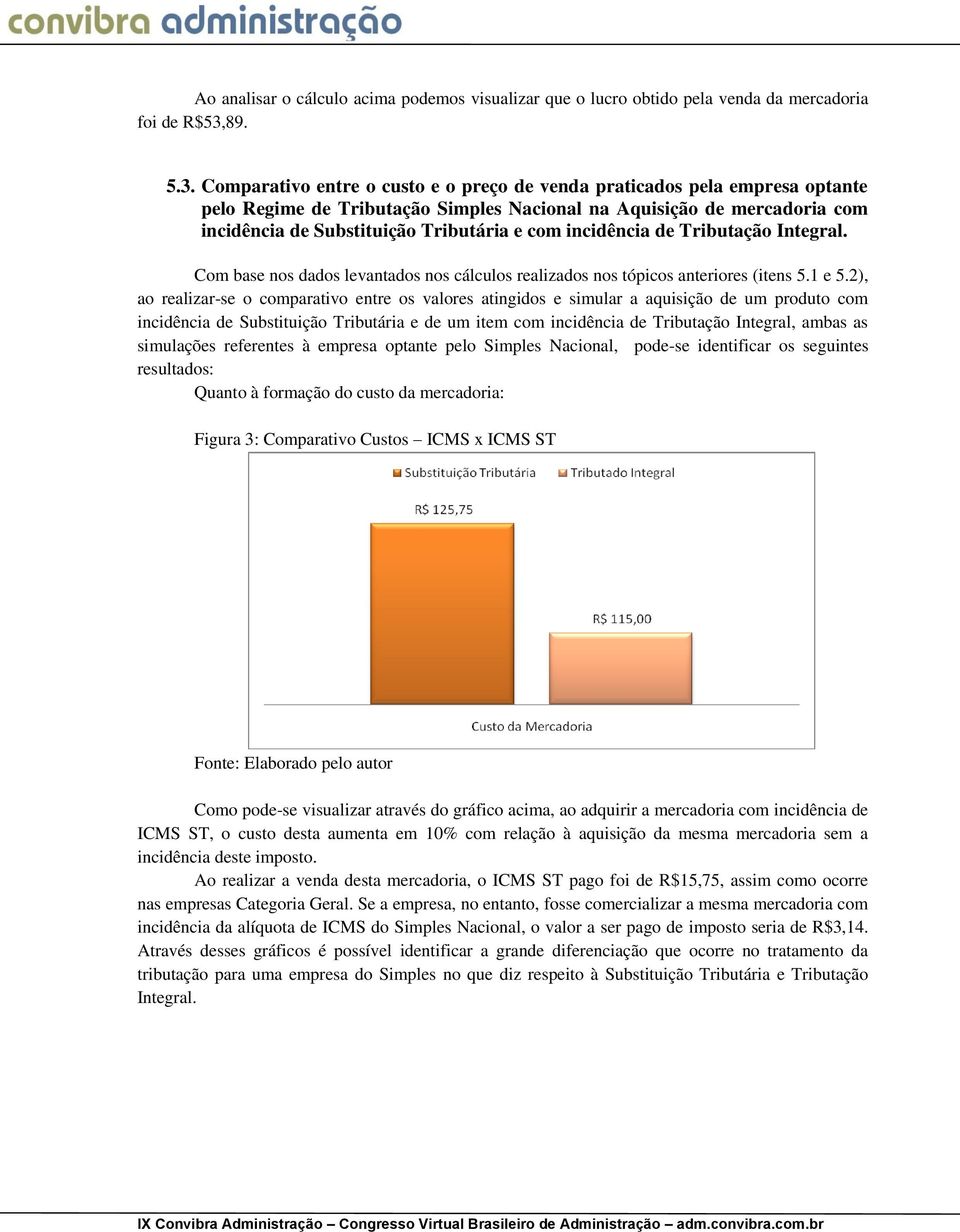 Comparativo entre o custo e o preço de venda praticados pela empresa optante pelo Regime de Tributação Simples Nacional na Aquisição de mercadoria com incidência de Substituição Tributária e com