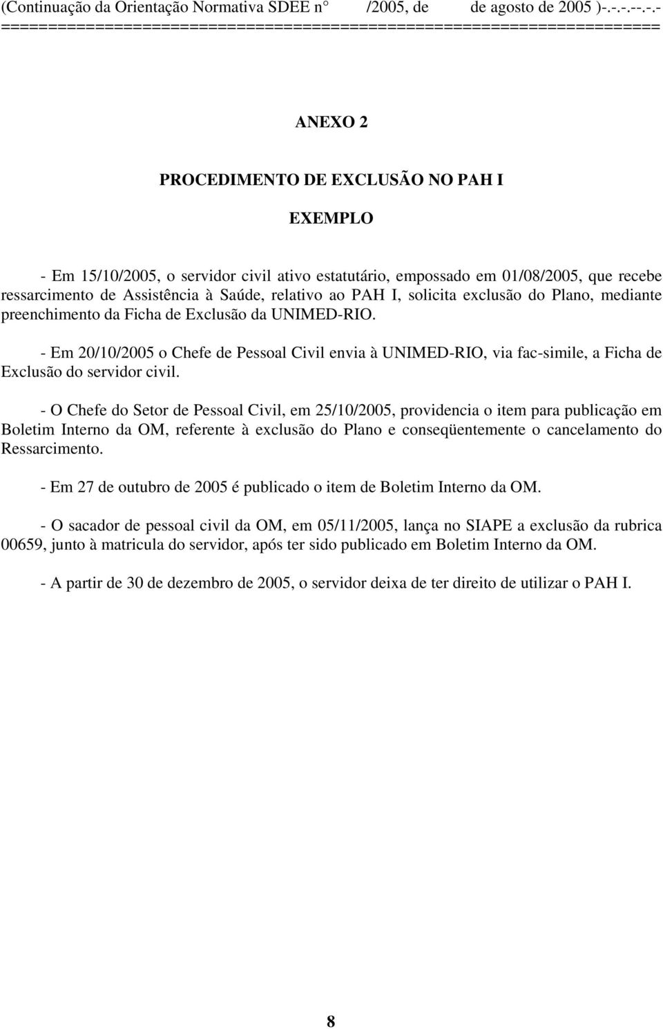 - Em 20/10/2005 o Chefe de Pessoal Civil envia à UNIMED-RIO, via fac-simile, a Ficha de Exclusão do servidor civil.