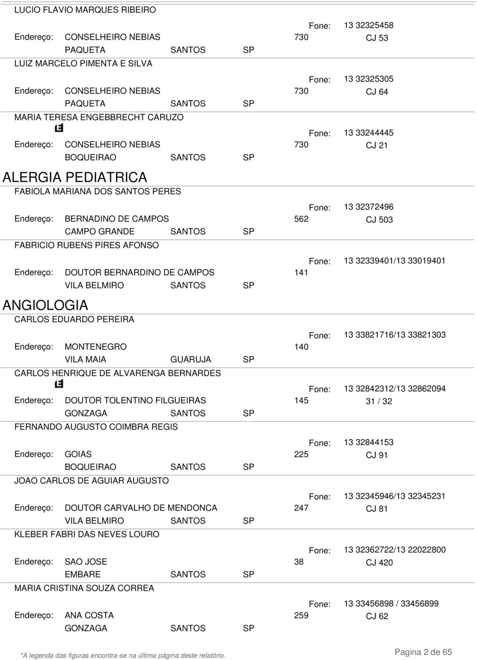 BERNARDINO DE CAMPOS 141 VILA BELMIRO SANTOS ANGIOLOGIA CARLOS EDUARDO PEREIRA MONTENEGRO 140 VILA MAIA GUARUJA CARLOS HENRIQUE DE ALVARENGA BERNARDES 13 32339401/13 33019401 13 33821716/13 33821303