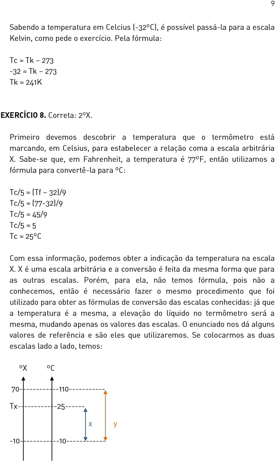 Sabe-se que, em Fahrenheit, a temperatura é 77ºF, então utilizamos a fórmula para convertê-la para ºC: Tc/5 = (Tf 32)/9 Tc/5 = (77-32)/9 Tc/5 = 45/9 Tc/5 = 5 Tc = 25ºC Com essa informação, podemos