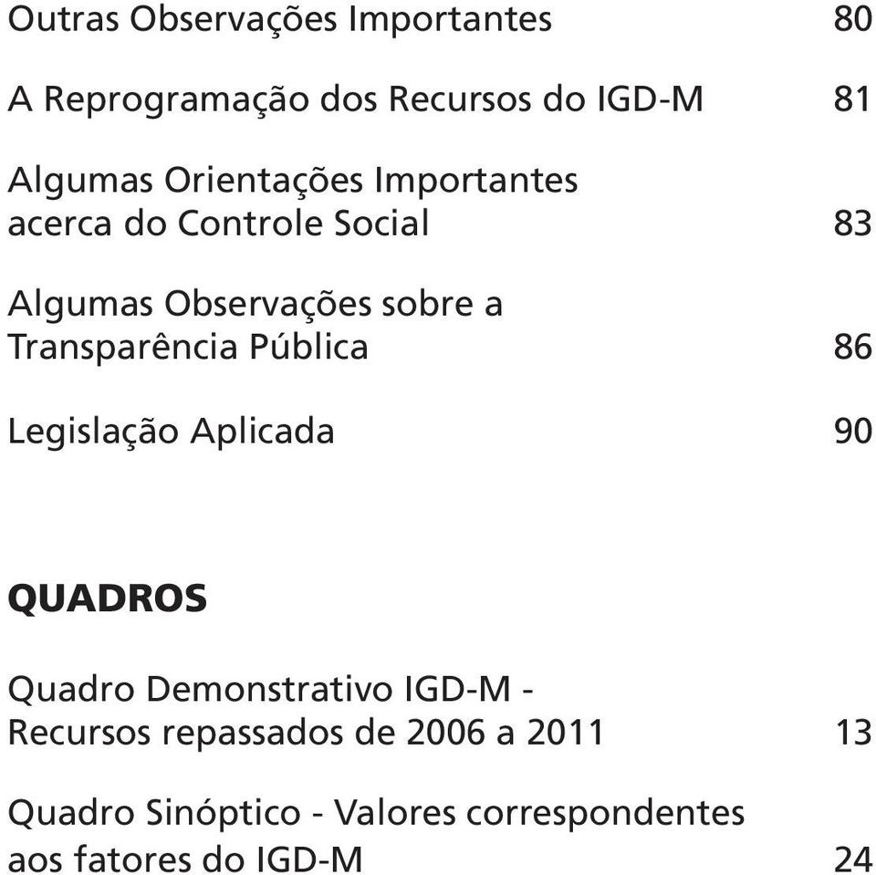 Transparência Pública 86 Legislação Aplicada 90 QUADROS Quadro Demonstrativo IGD-M -