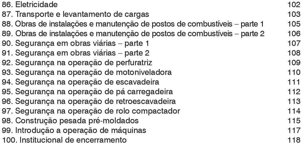 Segurança na operação de perfuratriz 109 93. Segurança na operação de motoniveladora 110 94. Segurança na operação de escavadeira 111 95.