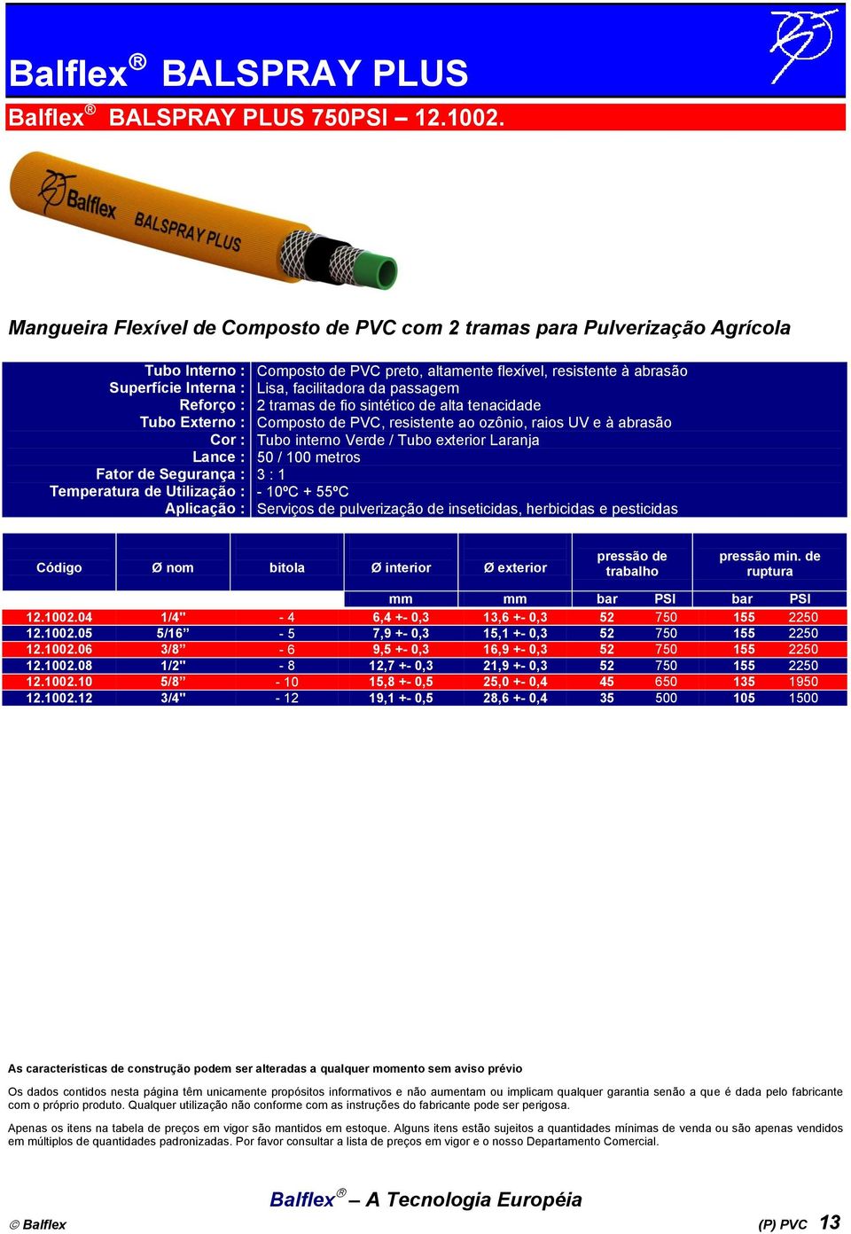 tenacidade Composto de PVC, resistente ao ozônio, raios UV e à abrasão Tubo interno Verde / Tubo exterior Laranja 50 / 100 metros 3 : 1 Serviços de pulverização de inseticidas, herbicidas e