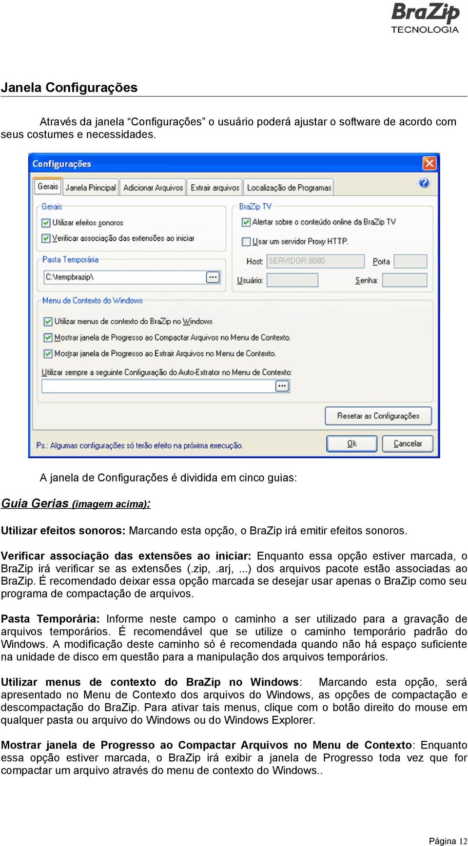 Verificar associação das extensões ao iniciar: Enquanto essa opção estiver marcada, o BraZip irá verificar se as extensões (.zip,.arj,...) dos arquivos pacote estão associadas ao BraZip.