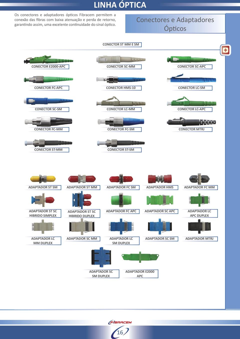 CONECTOR FC-MM CONECTOR FC-SM CONECTOR MTRJ CONECTOR ST-MM CONECTOR ST-SM ADAPTADOR ST SM ADAPTADOR ST MM ADAPTADOR FC SM ADAPTADOR HMS ADAPTADOR FC MM ADAPTADOR ST SC HIBRIDO SIMPLEX ADAPTADOR