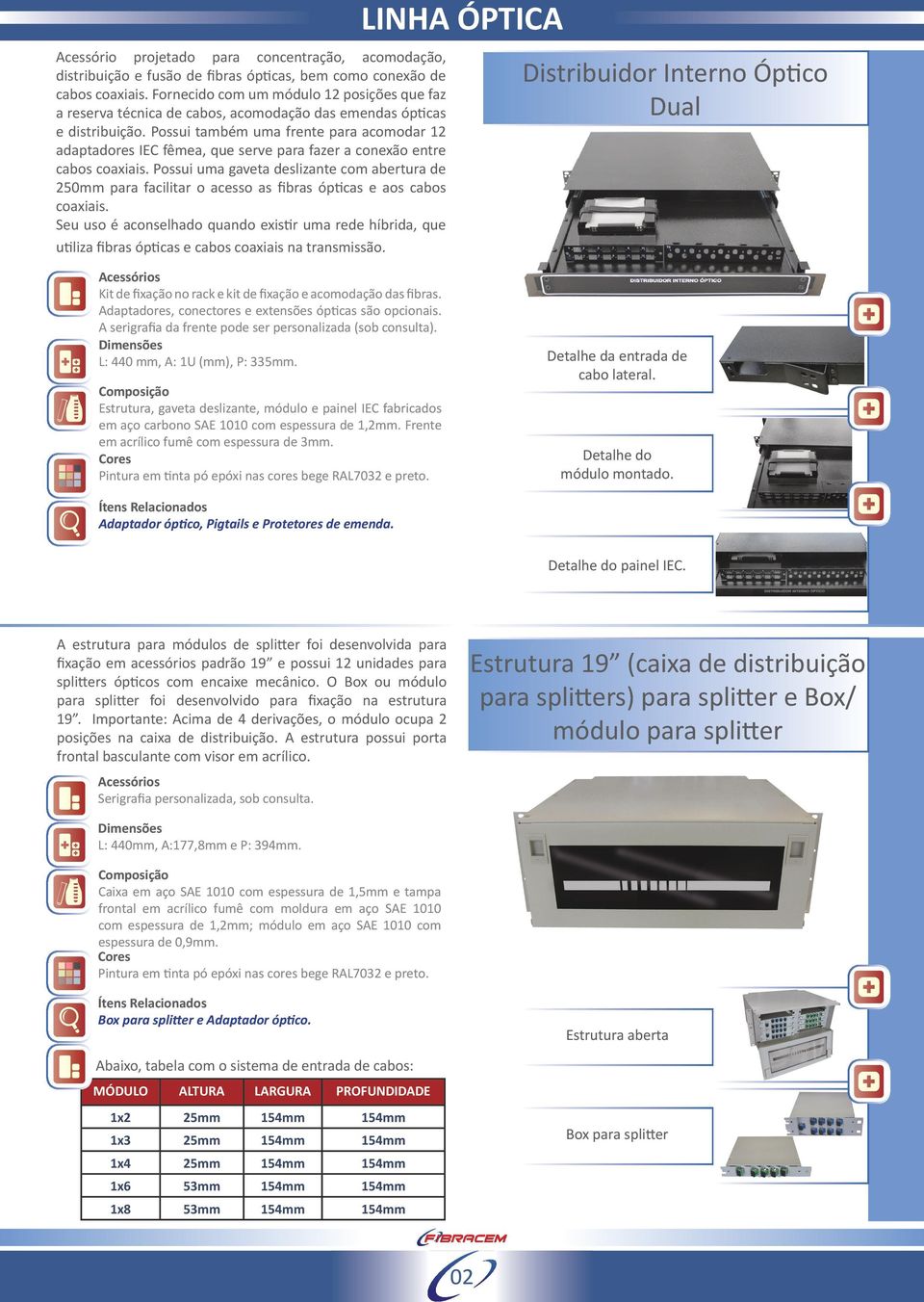 Possui também uma frente para acomodar 12 adaptadores IEC fêmea, que serve para fazer a conexão entre cabos coaxiais.