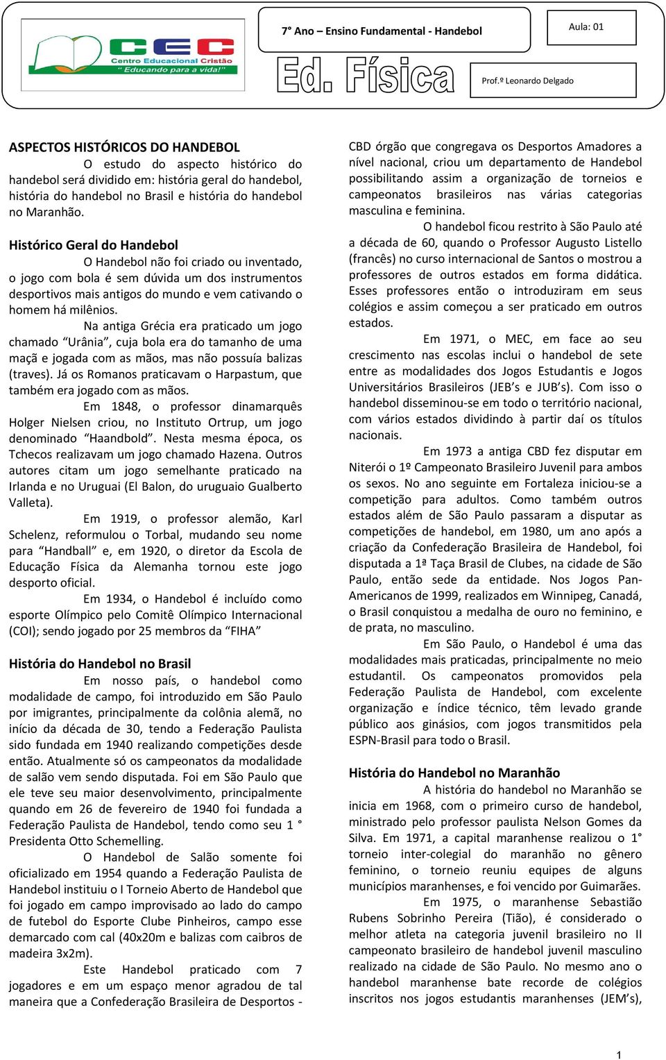 Maranhão. Histórico Geral do Handebol O Handebol não foi criado ou inventado, o jogo com bola é sem dúvida um dos instrumentos desportivos mais antigos do mundo e vem cativando o homem há milênios.