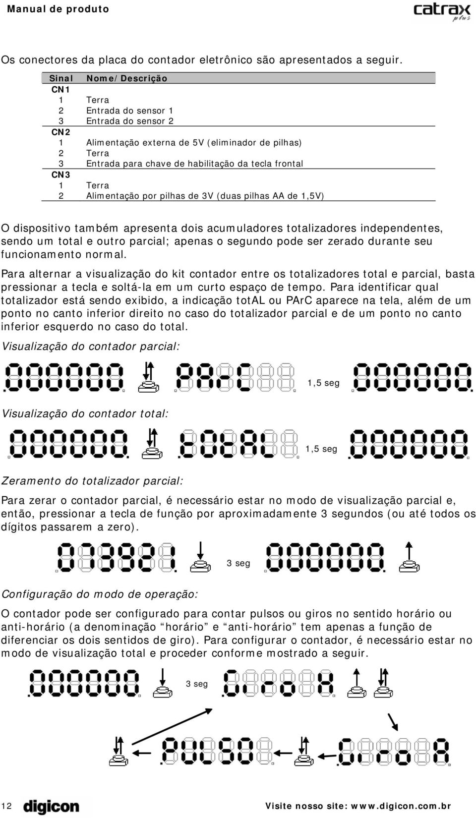 Terra 2 Alimentação por pilhas de 3V (duas pilhas AA de 1,5V) O dispositivo também apresenta dois acumuladores totalizadores independentes, sendo um total e outro parcial; apenas o segundo pode ser