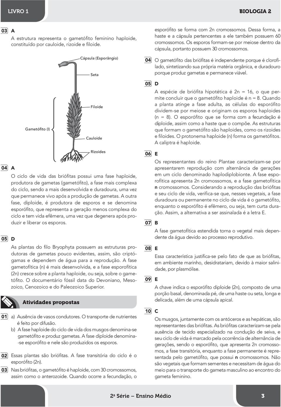 04 O gametófito das briófitas é independente porque é clorofilado, sintetizando sua própria matéria orgânica, e duradouro porque produz gametas e permanece viável.