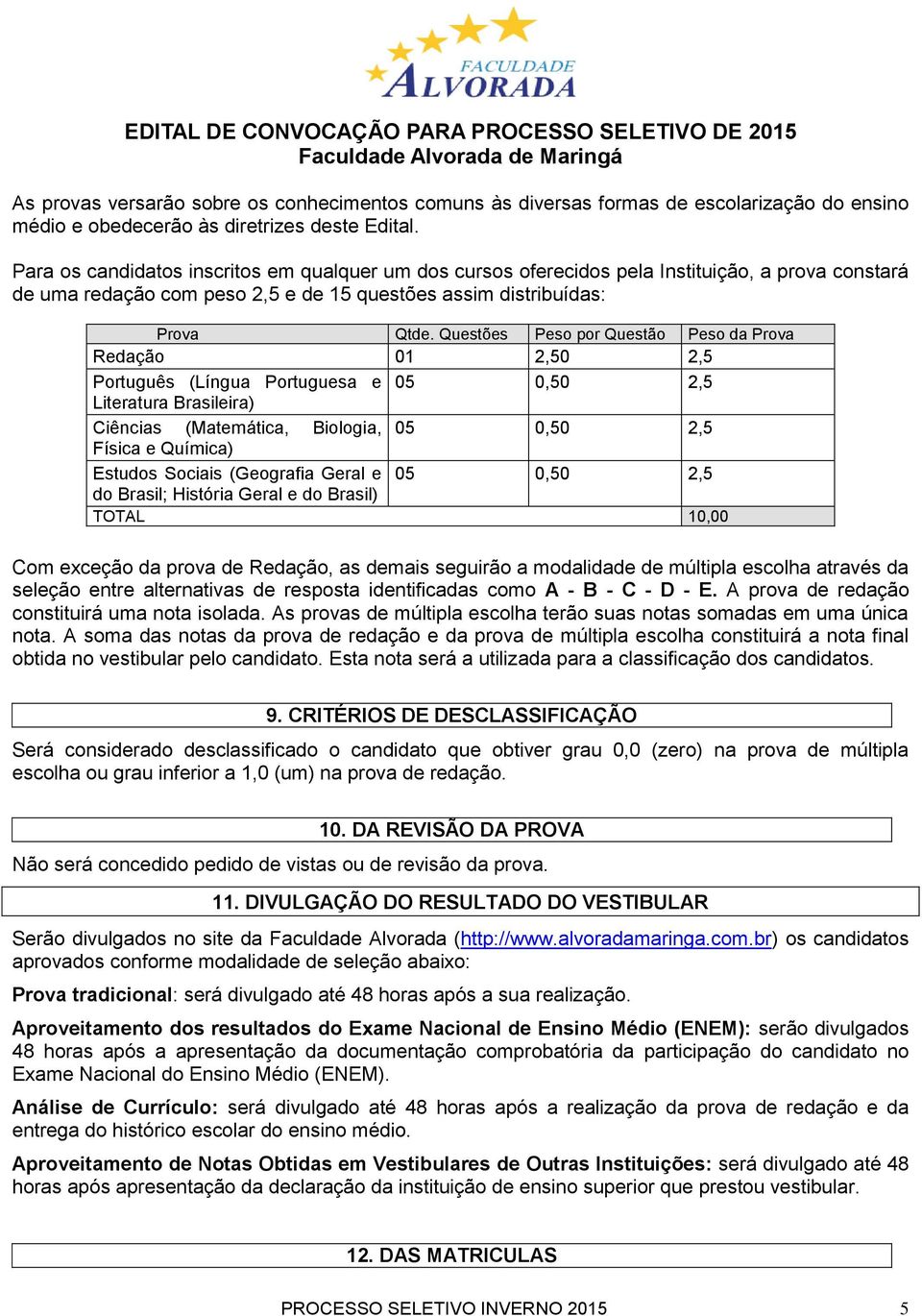 Questões Peso por Questão Peso da Prova Redação 01 2,50 2,5 Português (Língua Portuguesa e 05 0,50 2,5 Literatura Brasileira) Ciências (Matemática, Biologia, 05 0,50 2,5 Física e Química) Estudos