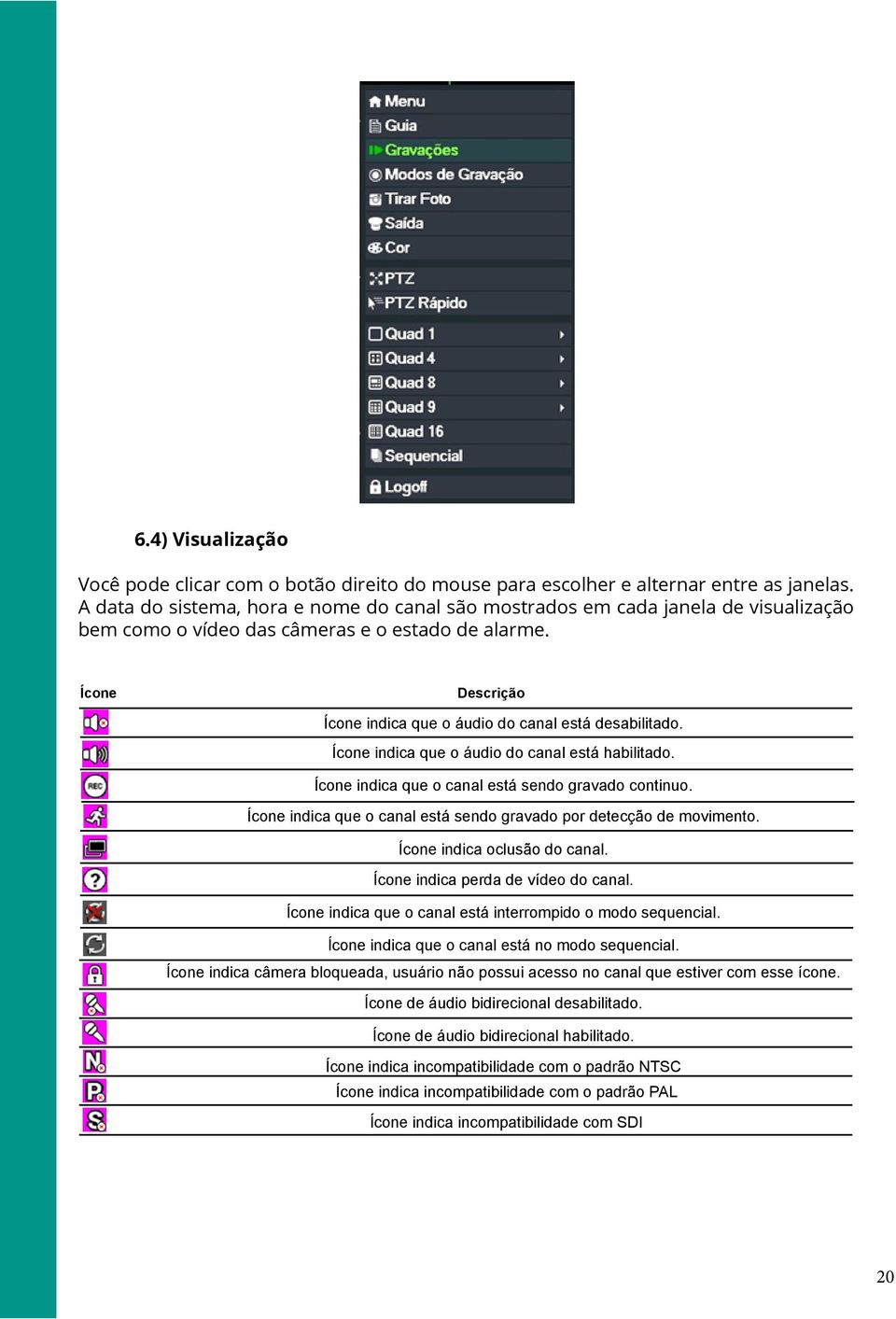 Ícone Descrição Ícone indica que o áudio do canal está desabilitado. Ícone indica que o áudio do canal está habilitado. Ícone indica que o canal está sendo gravado continuo.