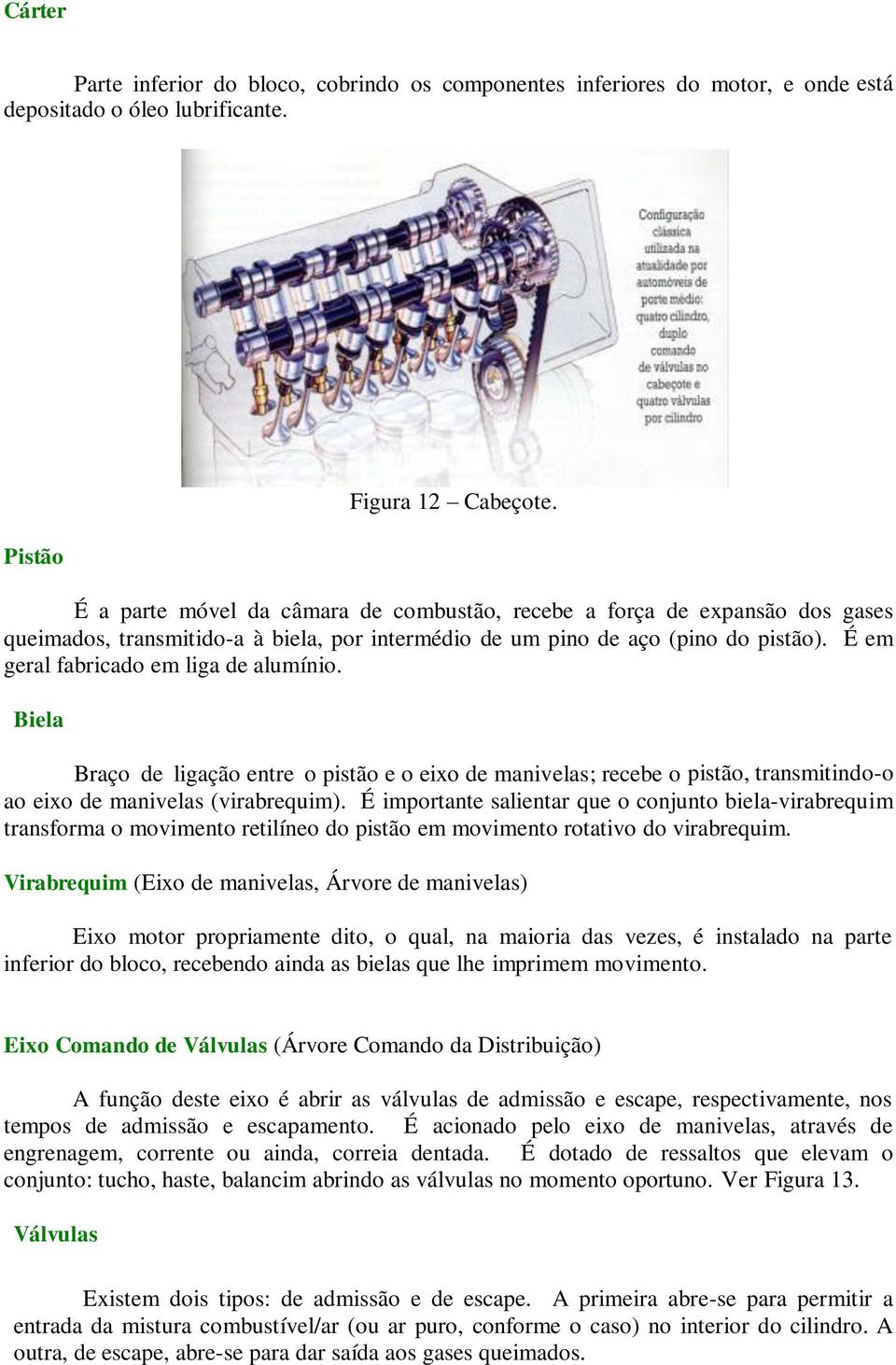 É em geral fabricado em liga de alumínio. Biela Braço de ligação entre o pistão e o eixo de manivelas; recebe o pistão, transmitindo-o ao eixo de manivelas (virabrequim).