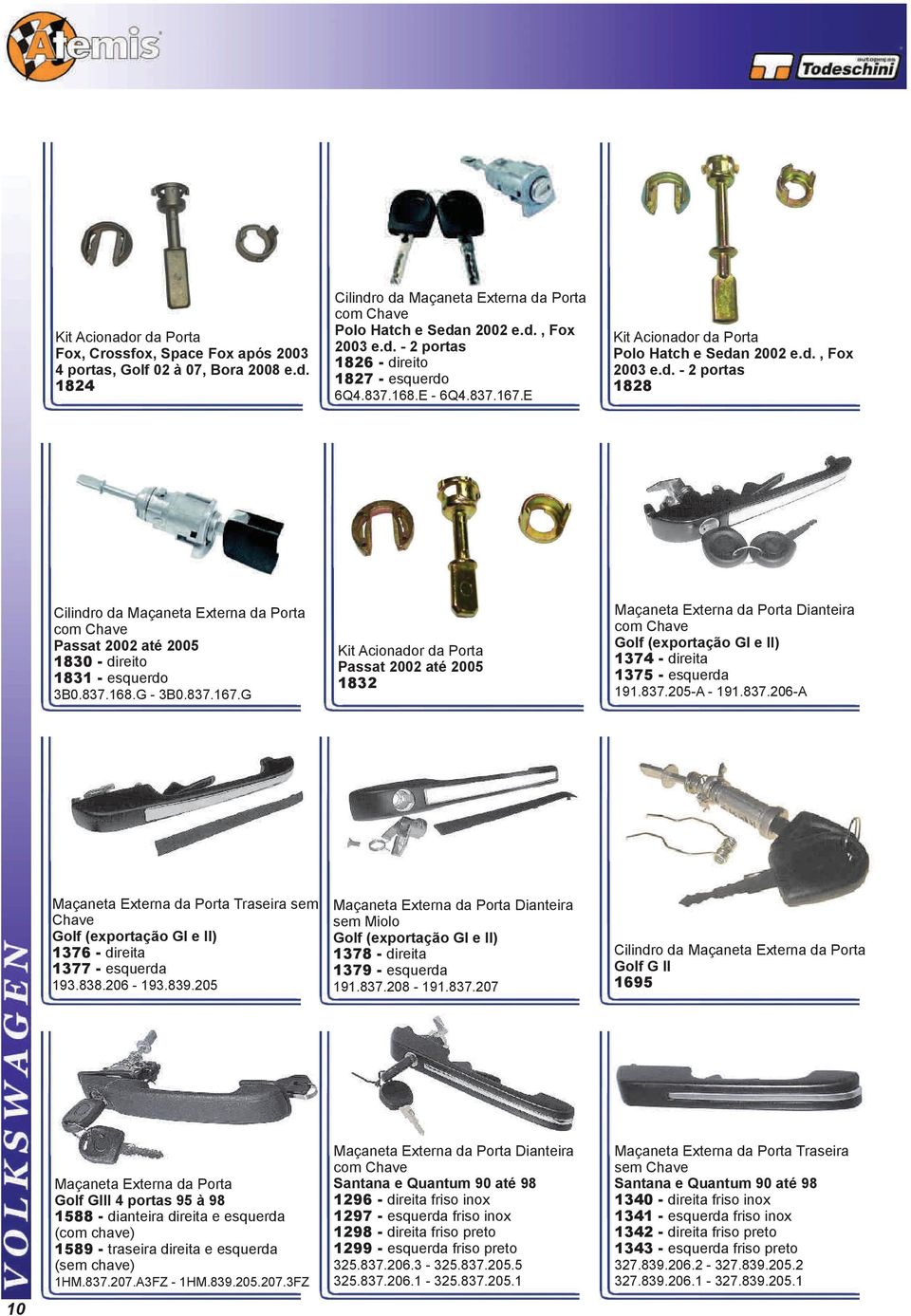 837.168.G - 3B0.837.167.G Kit Acionador da Porta Passat 2002 até 2005 1832 Maçaneta Externa da Porta Dianteira Golf (exportação GI e II) 1374 - direita 1375 - esquerda 191.837.205-A - 191.837.206-A Maçaneta Externa da Porta Traseira sem Chave Golf (exportação GI e II) 1376 - direita 1377 - esquerda 193.
