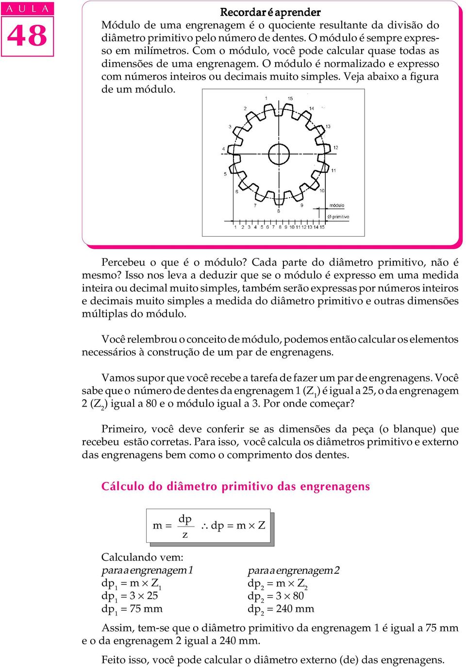 Percebeu o que é o módulo? Cada parte do diâmetro primitivo, não é mesmo?