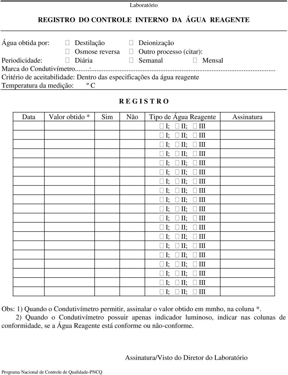 .. Critério de aceitabilidade: Dentro das especificações da água reagente Temperatura da medição: º C Data Valor obtido * Sim Não Tipo de Água Reagente Assinatura Obs: 1)