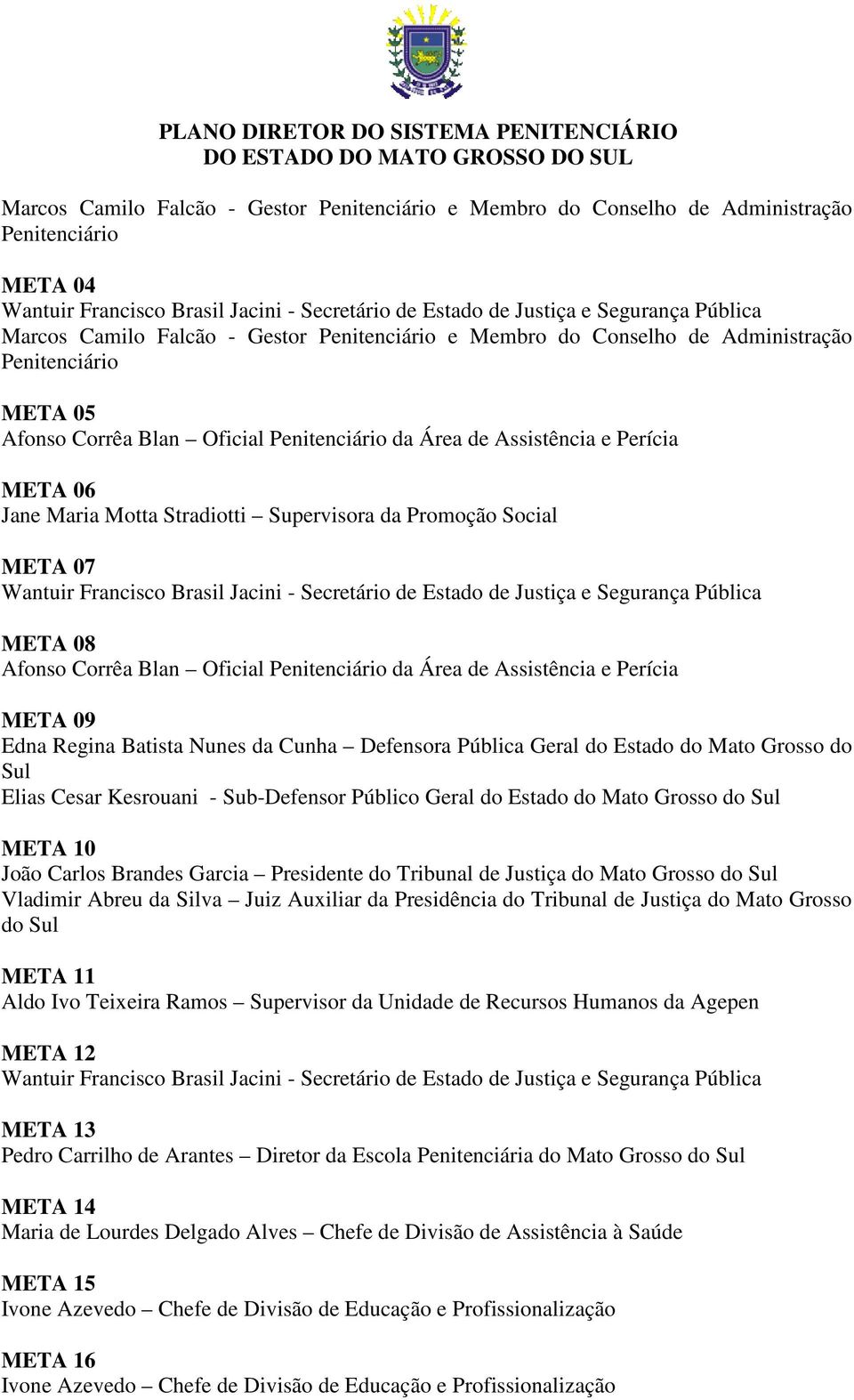 Stradiotti Supervisora da Promoção Social META 07 Wantuir Francisco Brasil Jacini - Secretário de Estado de Justiça e Segurança Pública META 08 Afonso Corrêa Blan Oficial Penitenciário da Área de