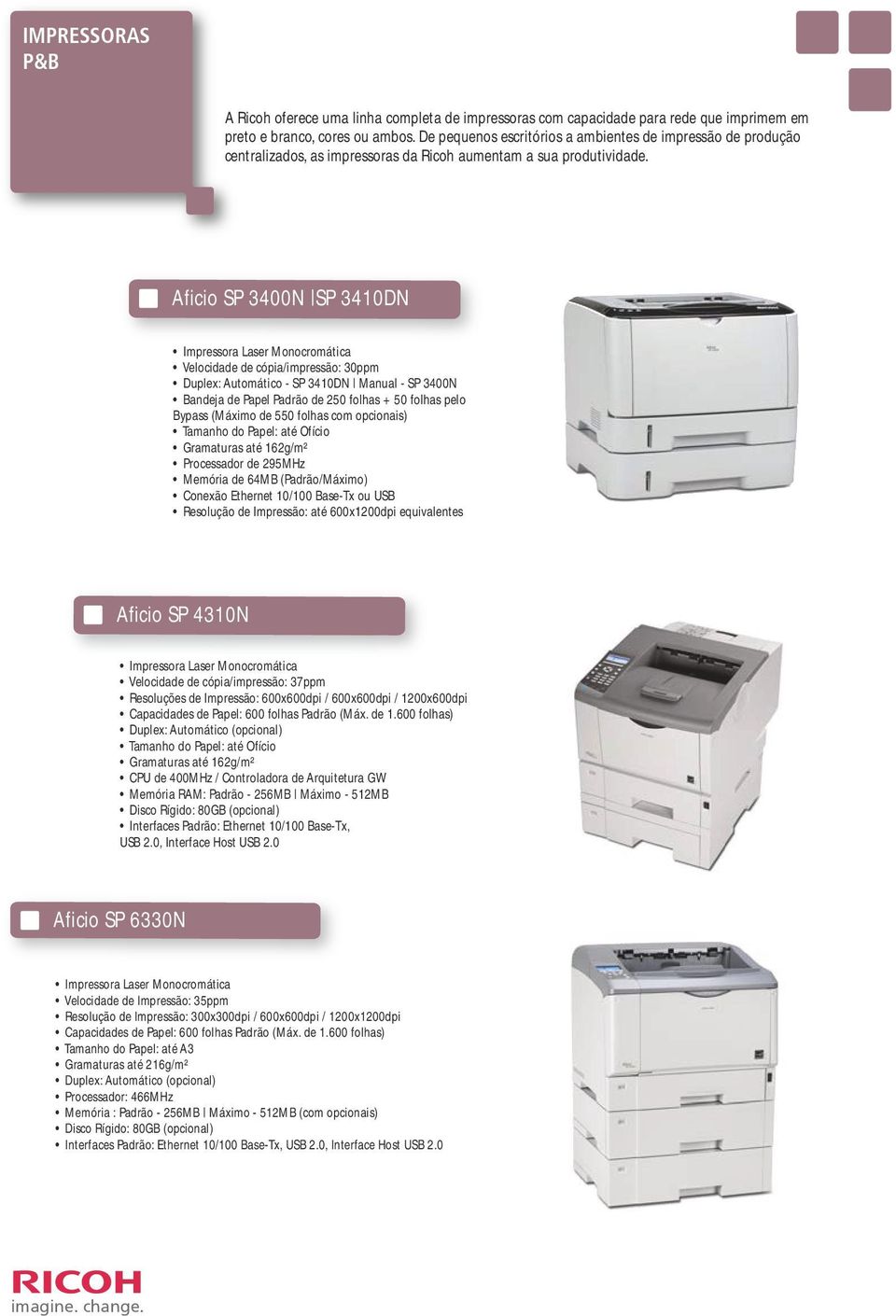 Aficio SP 3400N SP 3410DN Impressora Laser Monocromática Velocidade de cópia/impressão: 30ppm Duplex: Automático - SP 3410DN Manual - SP 3400N Bandeja de Papel Padrão de 250 folhas + 50 folhas pelo